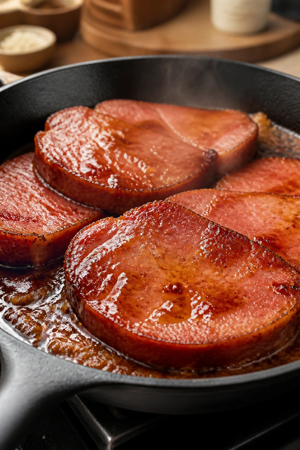 Thick-cut ham browning in a skillet with amber glaze
