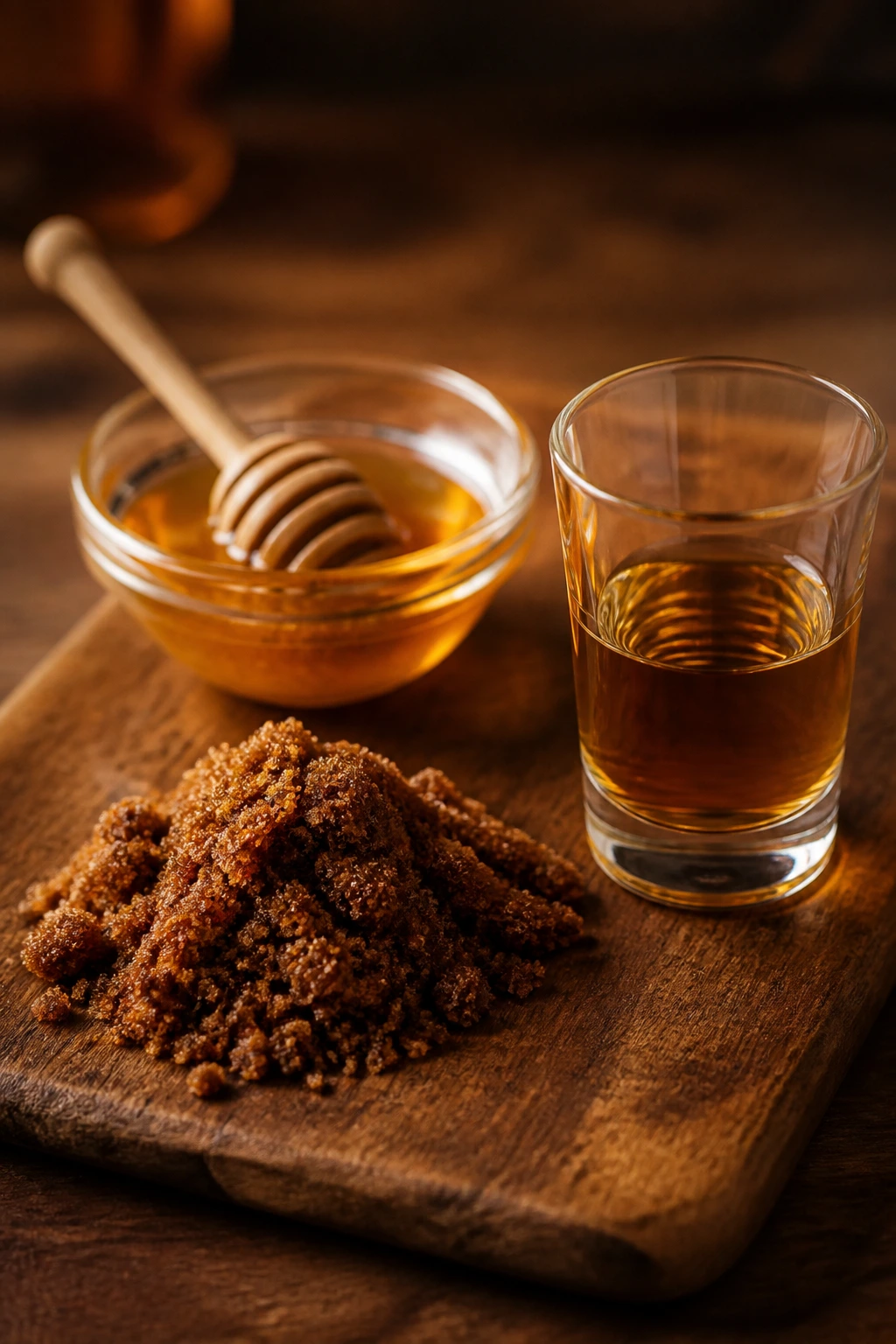 Minimalist display of brown sugar, honey, and bourbon on wood board