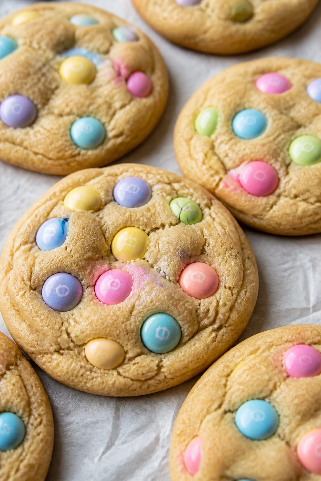 Brown sugar pastel M&M cookies on parchment