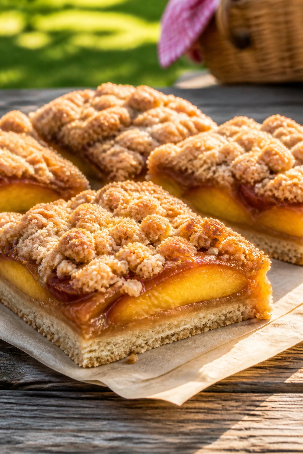 Close-up of peach bars with crumb topping on parchment, outdoor picnic table setting