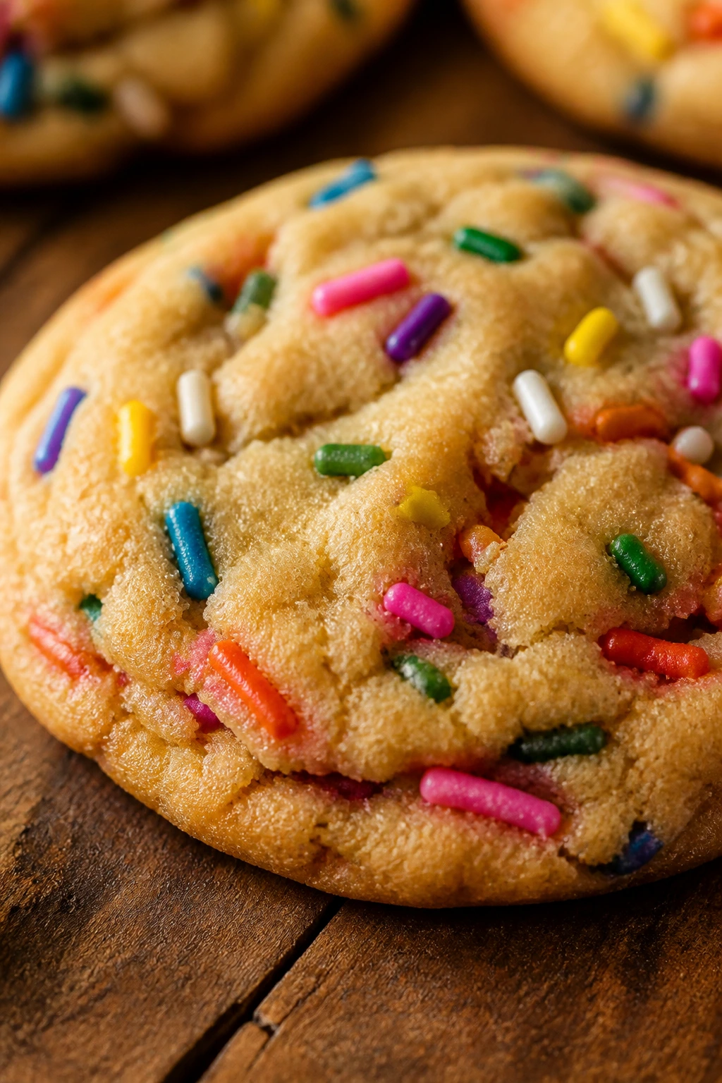 Brown sugar rainbow cookie with crackled top on wood surface