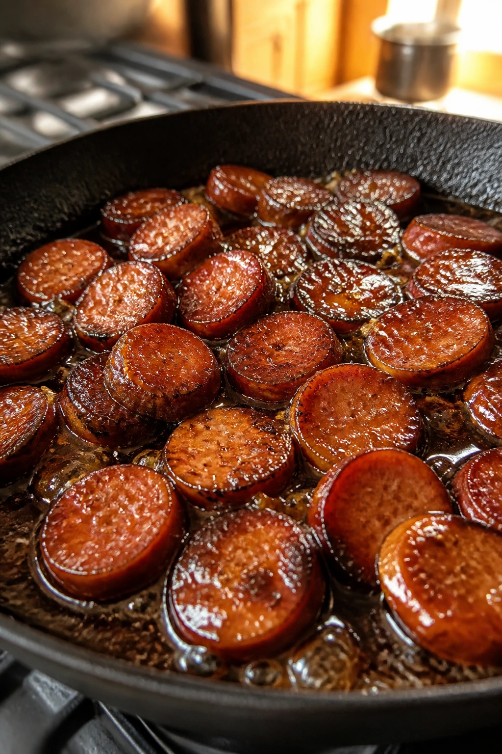 Close-up of browned smoked sausage in amber glaze in a cast-iron skillet