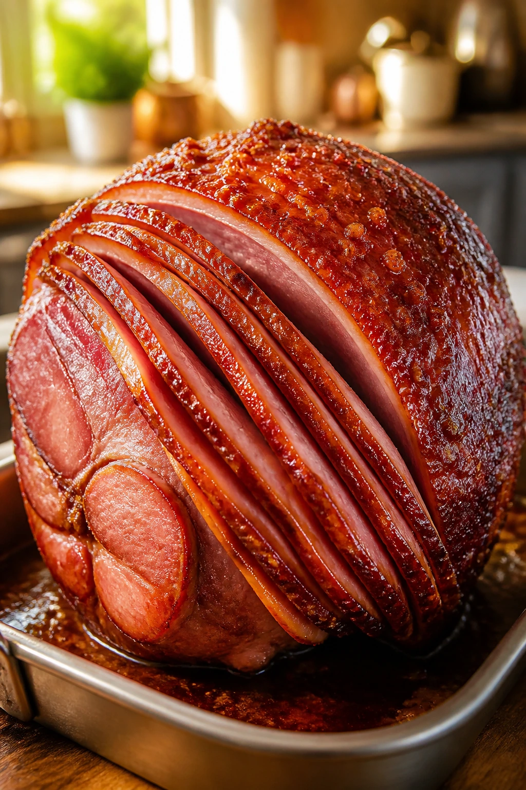 Close-up of spiral-cut ham with caramel glaze in a warm kitchen