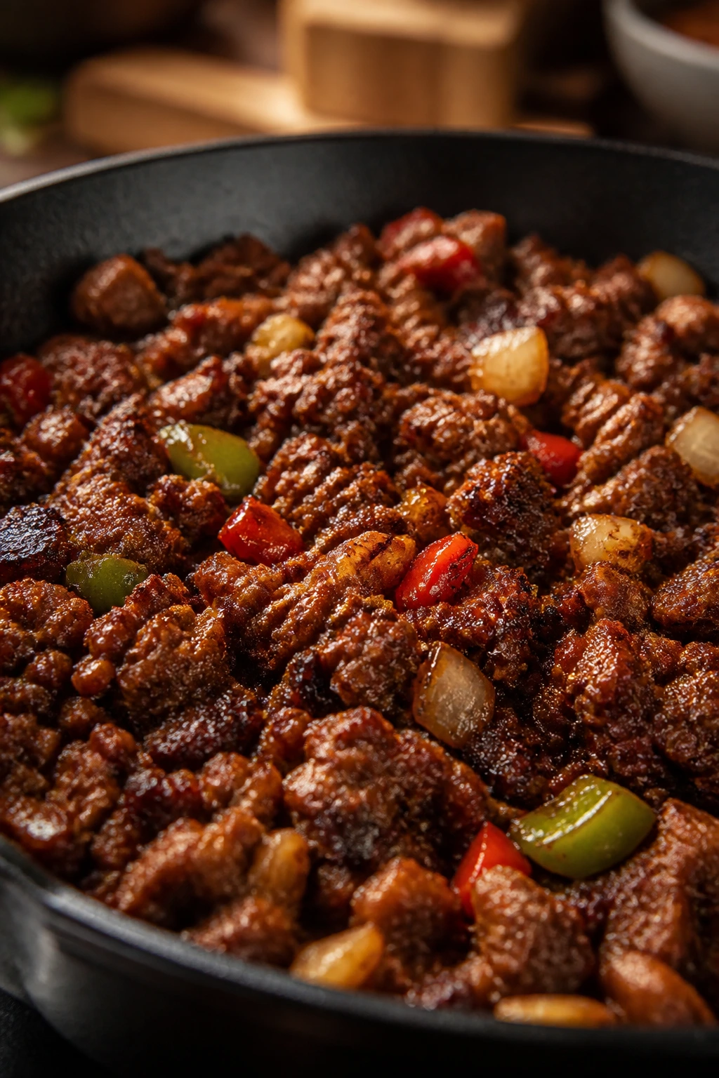 Close-up of browned beef in a skillet with visible caramelization