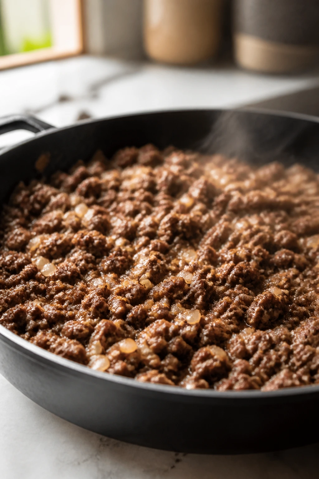Close-up of browned ground beef in a skillet