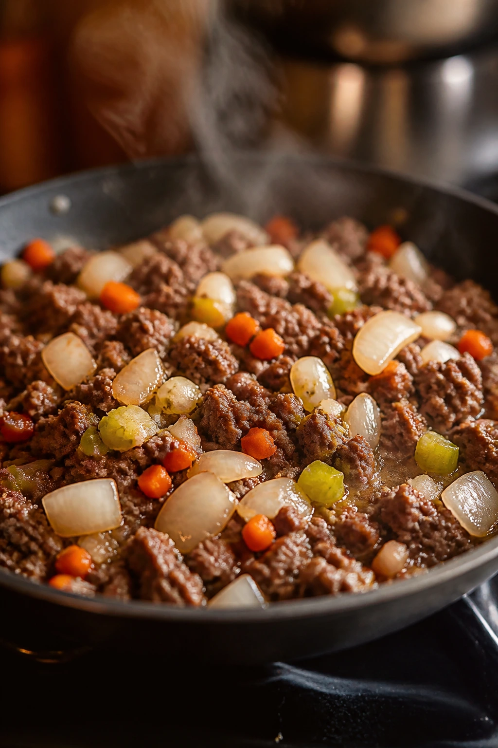 Skillet with browned beef and vegetables simmering