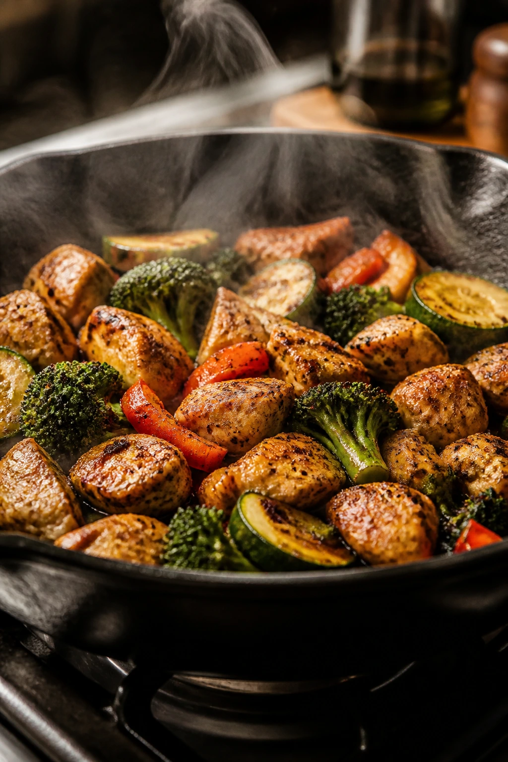 Skillet with browned lean chicken and vegetables in a home kitchen