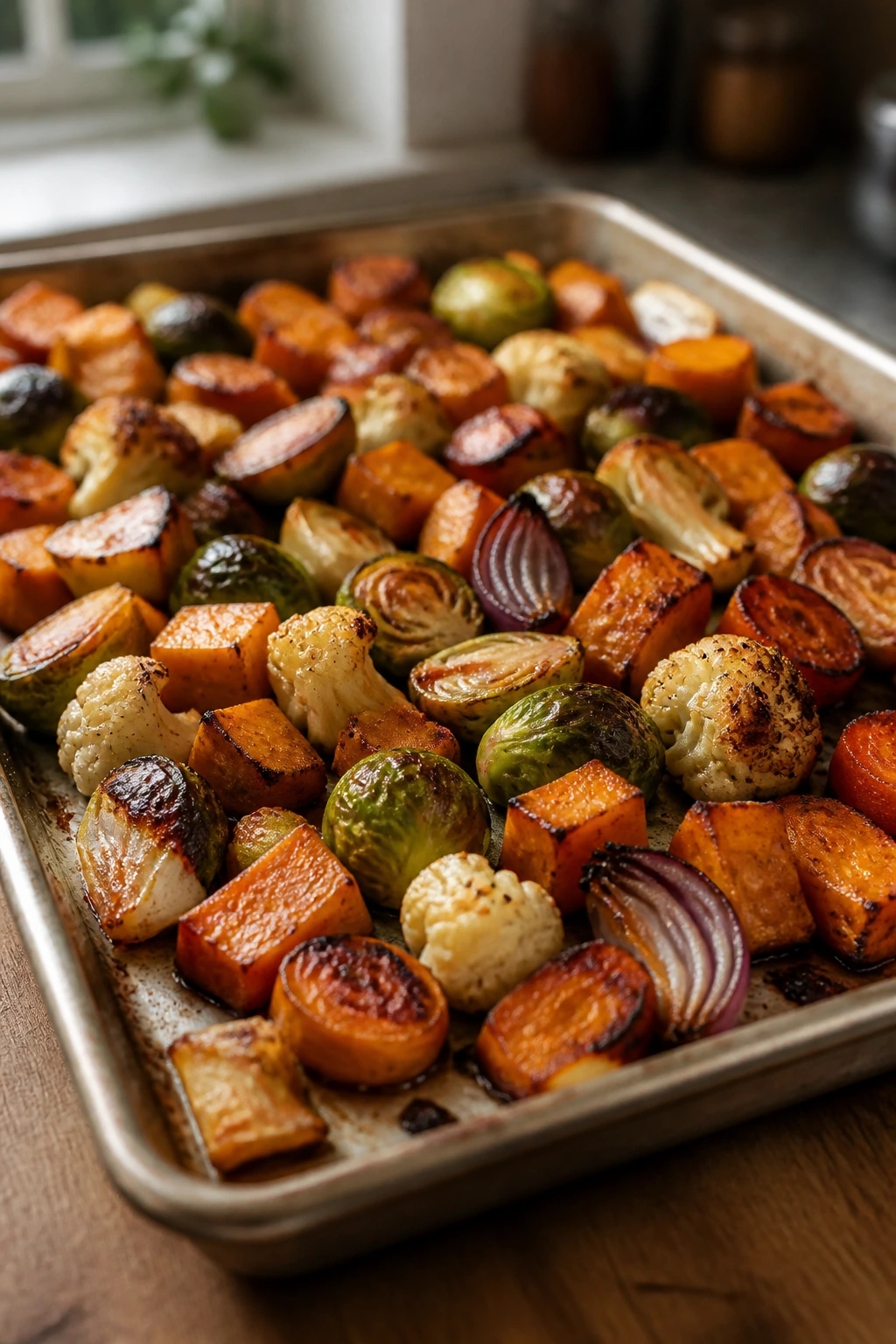 Close-up of roasted vegetables showing brown edges and caramelization