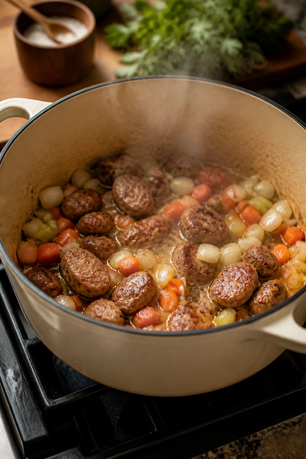 Close-up of browned sausage and vegetables softening in a Dutch oven.