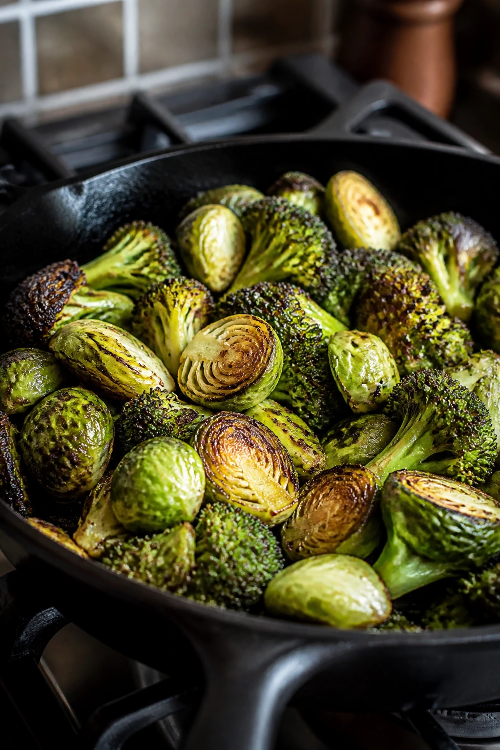 Brussels sprouts and broccoli browning in a cast-iron skillet
