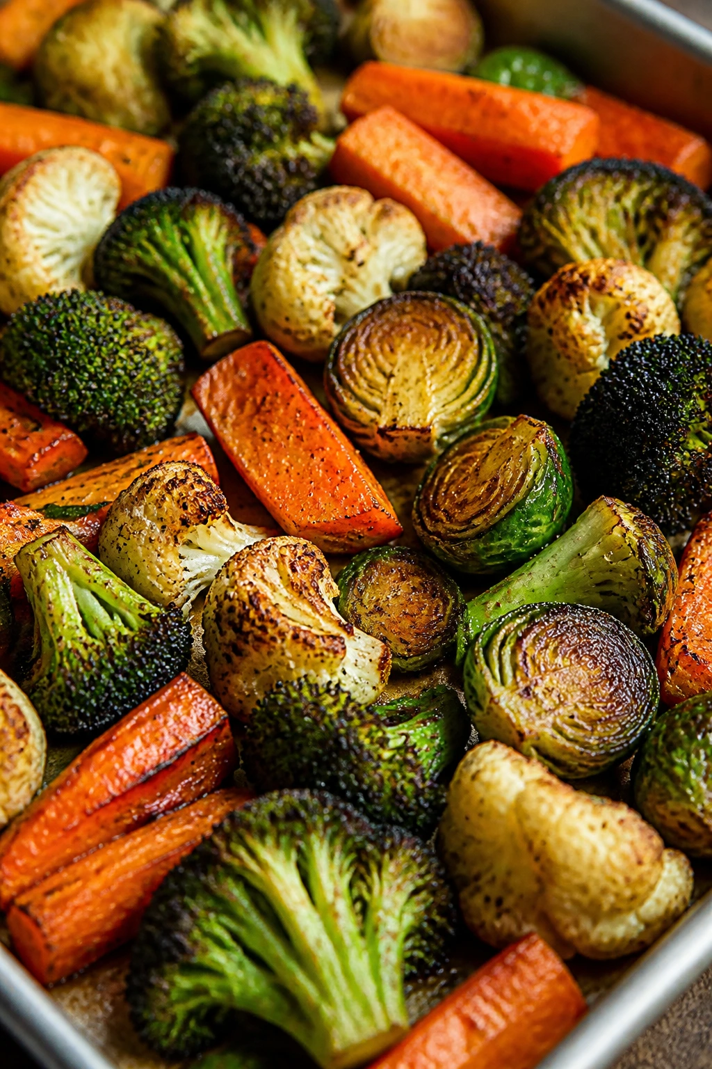 Assorted browned vegetables on a roasting tray in a warm kitchen