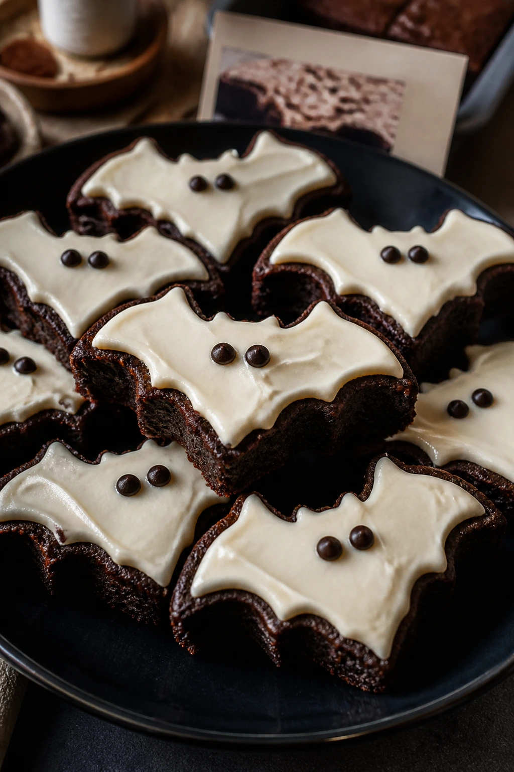 Close-up of bat-shaped brownies with cream cheese frosting and chocolate eyes on a plate