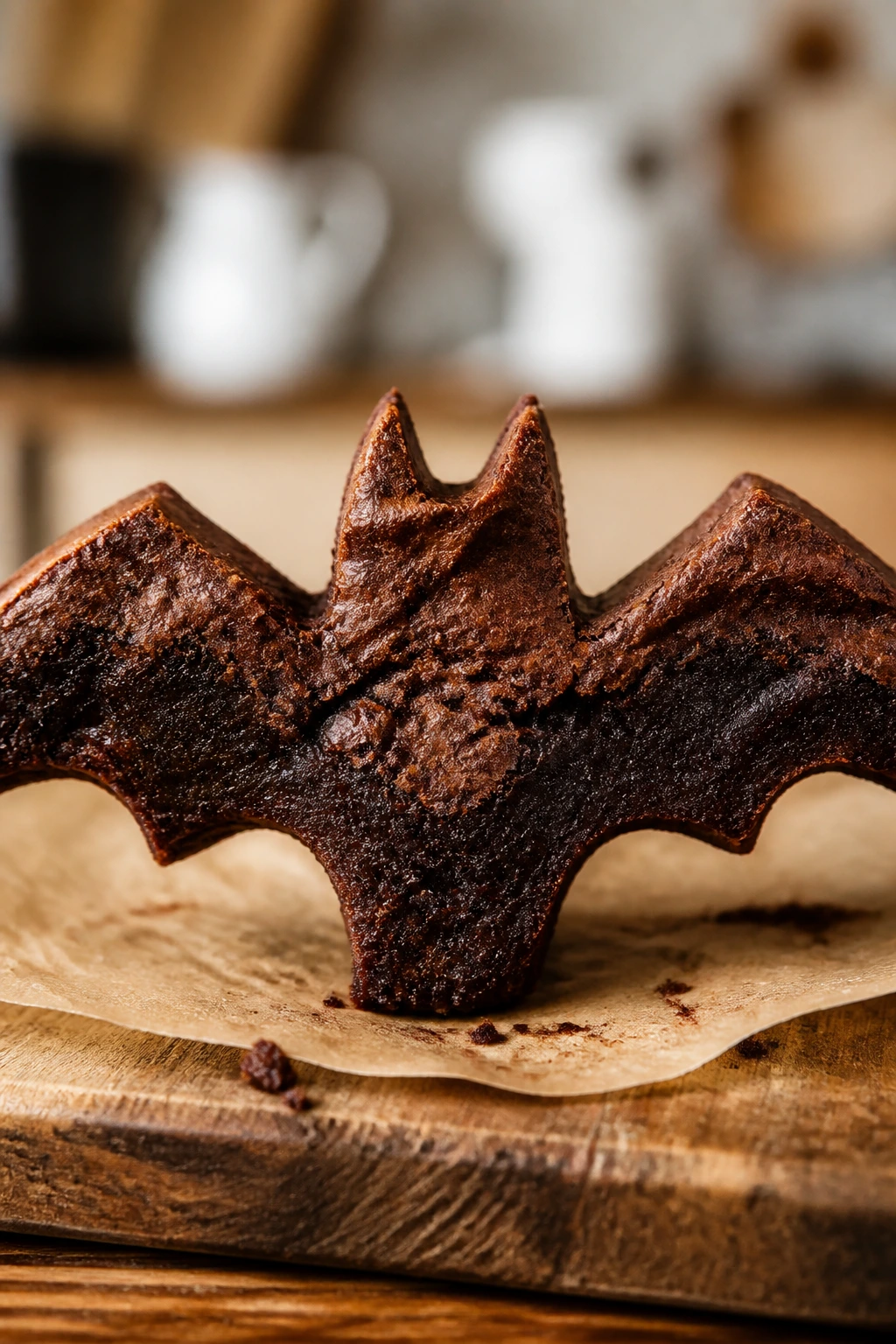 Close-up of a single bat-shaped brownie with fudgy texture on parchment on a wooden board