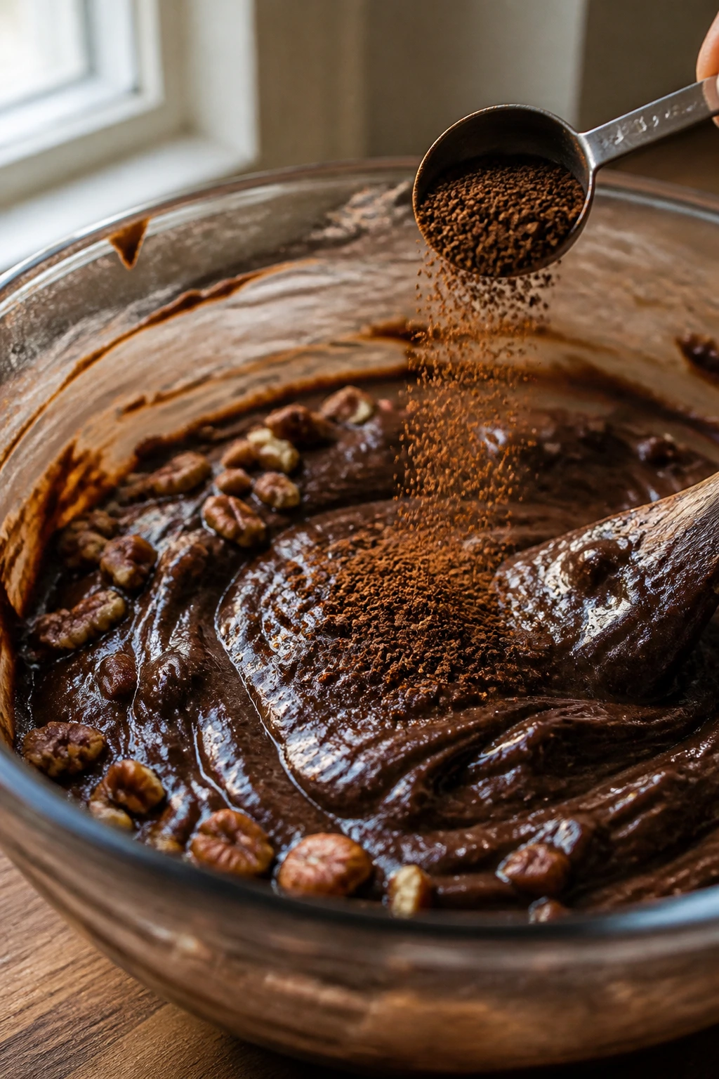 Close-up of brownie batter in a glass bowl with espresso powder being added and pecans visible