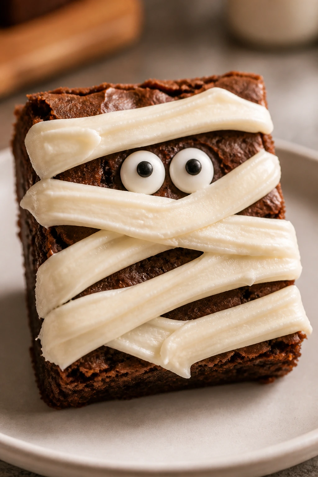 Brownie mummy square showing frosting texture and bandages