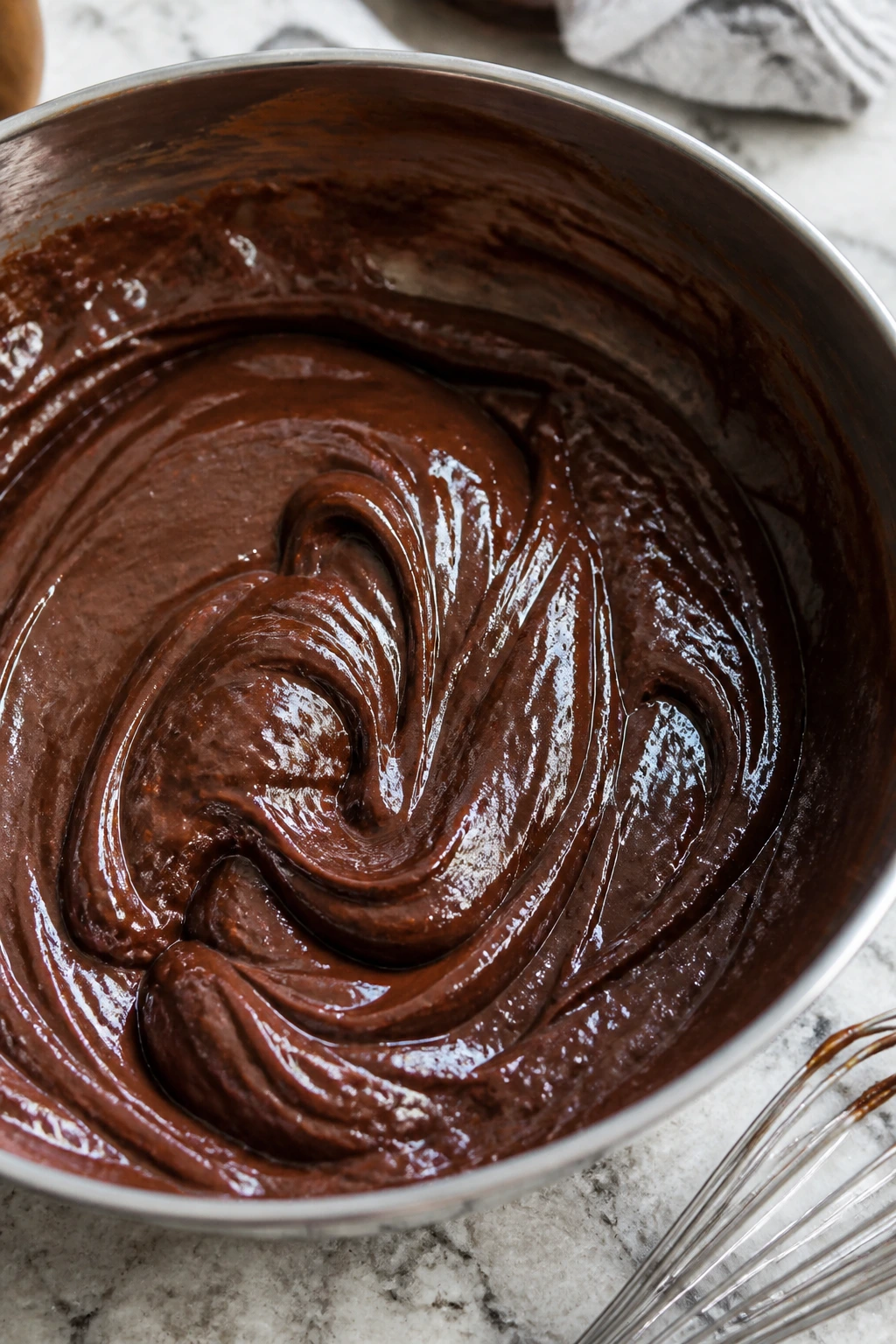 Glossy brownie batter in a mixing bowl ready for baking
