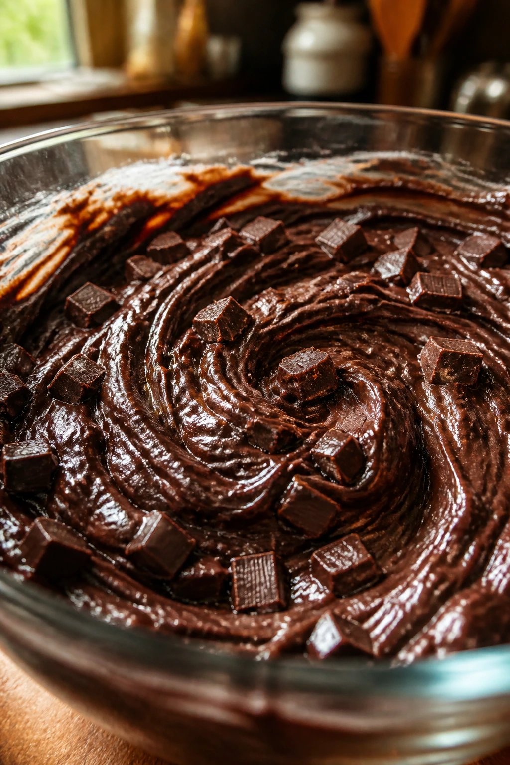 Close-up of brownie batter in a mixing bowl