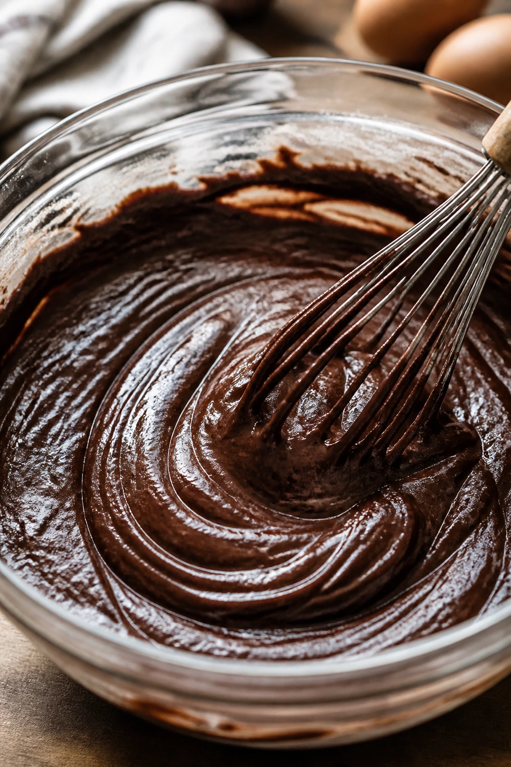 Chocolate brownie batter in a glass bowl