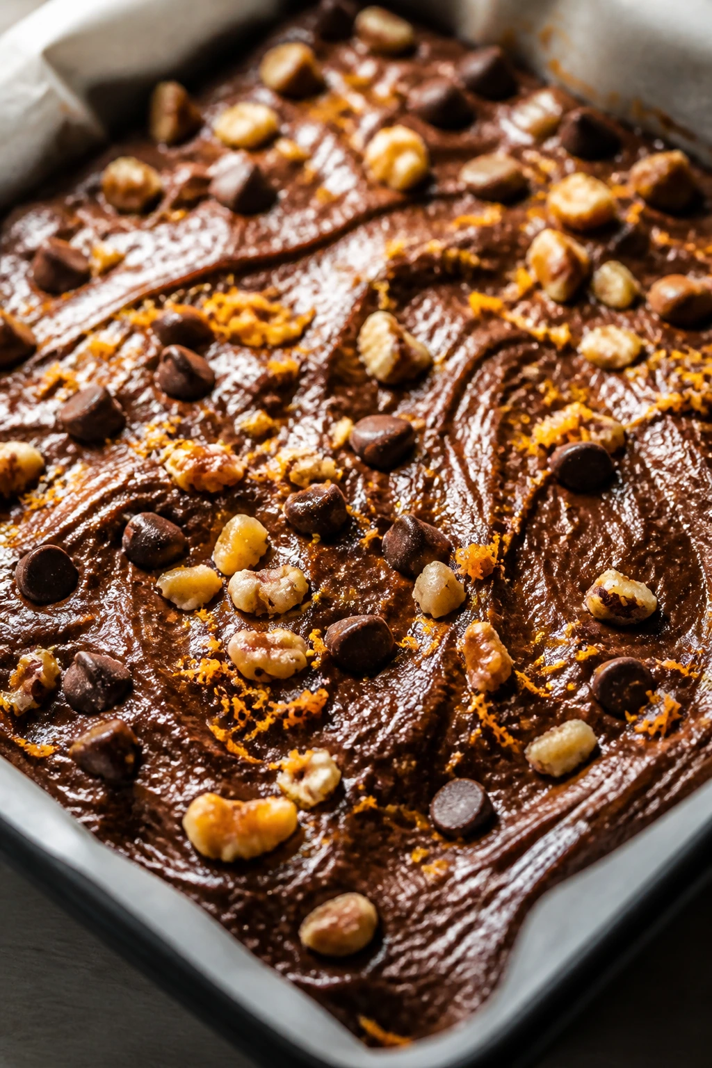 Brownie batter with nuts and orange zest mix-ins