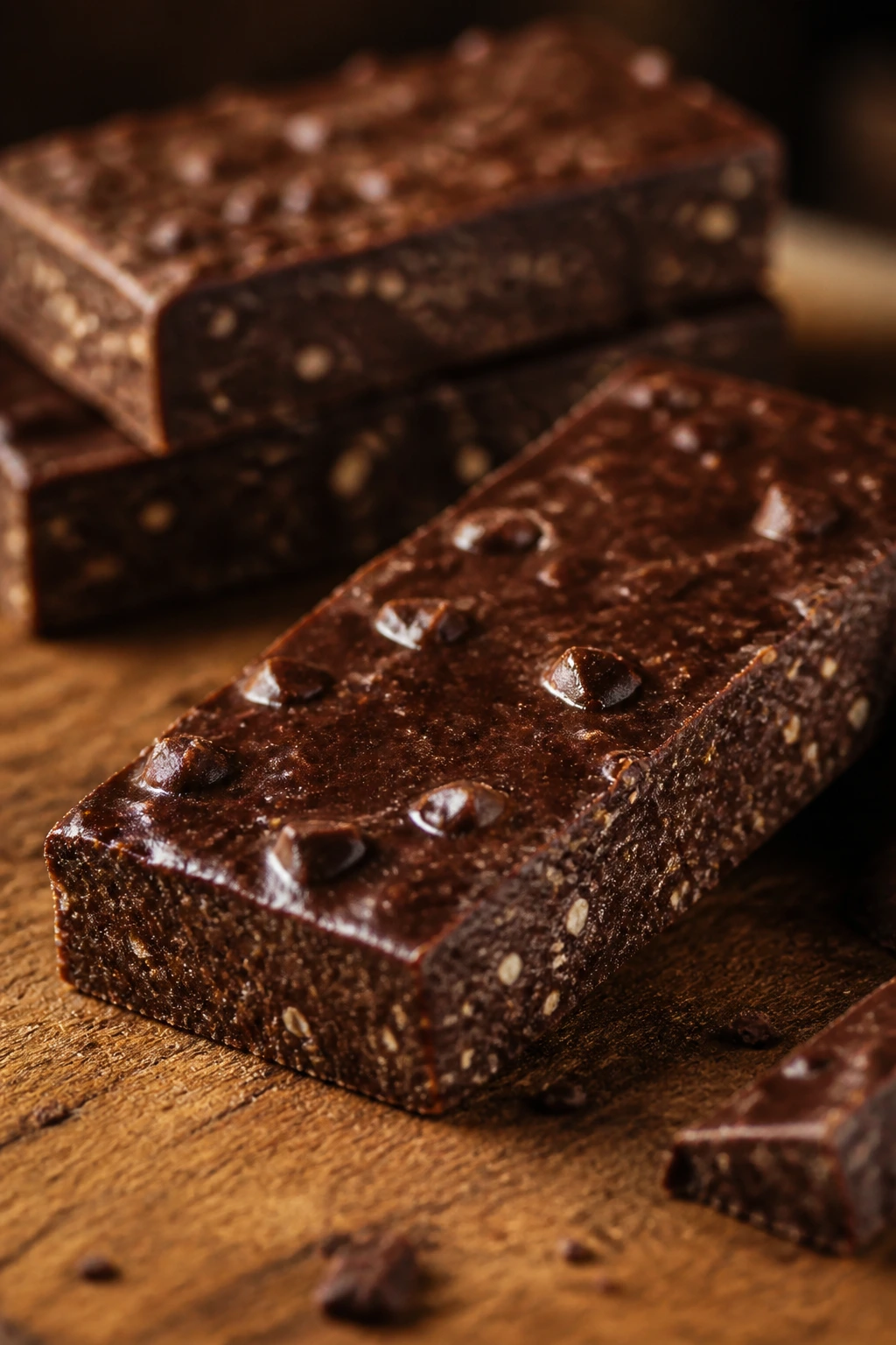 Brownie batter protein bar slice with cocoa color and espresso hint