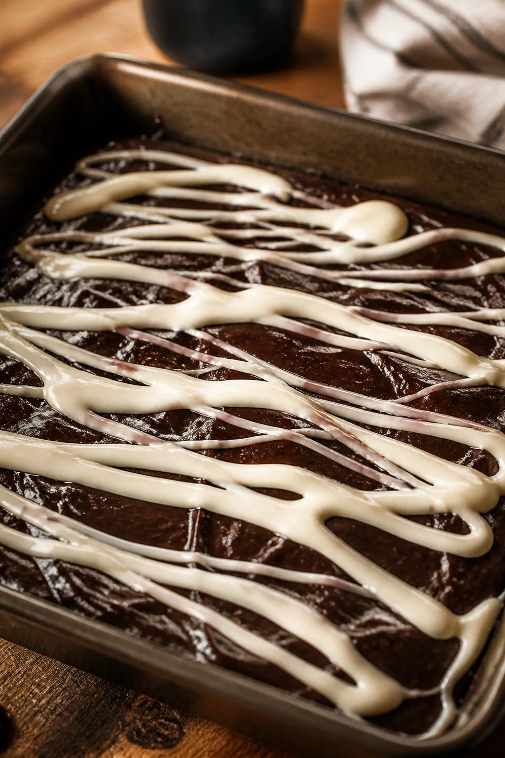 Glossy brownie batter with white chocolate bandages on top