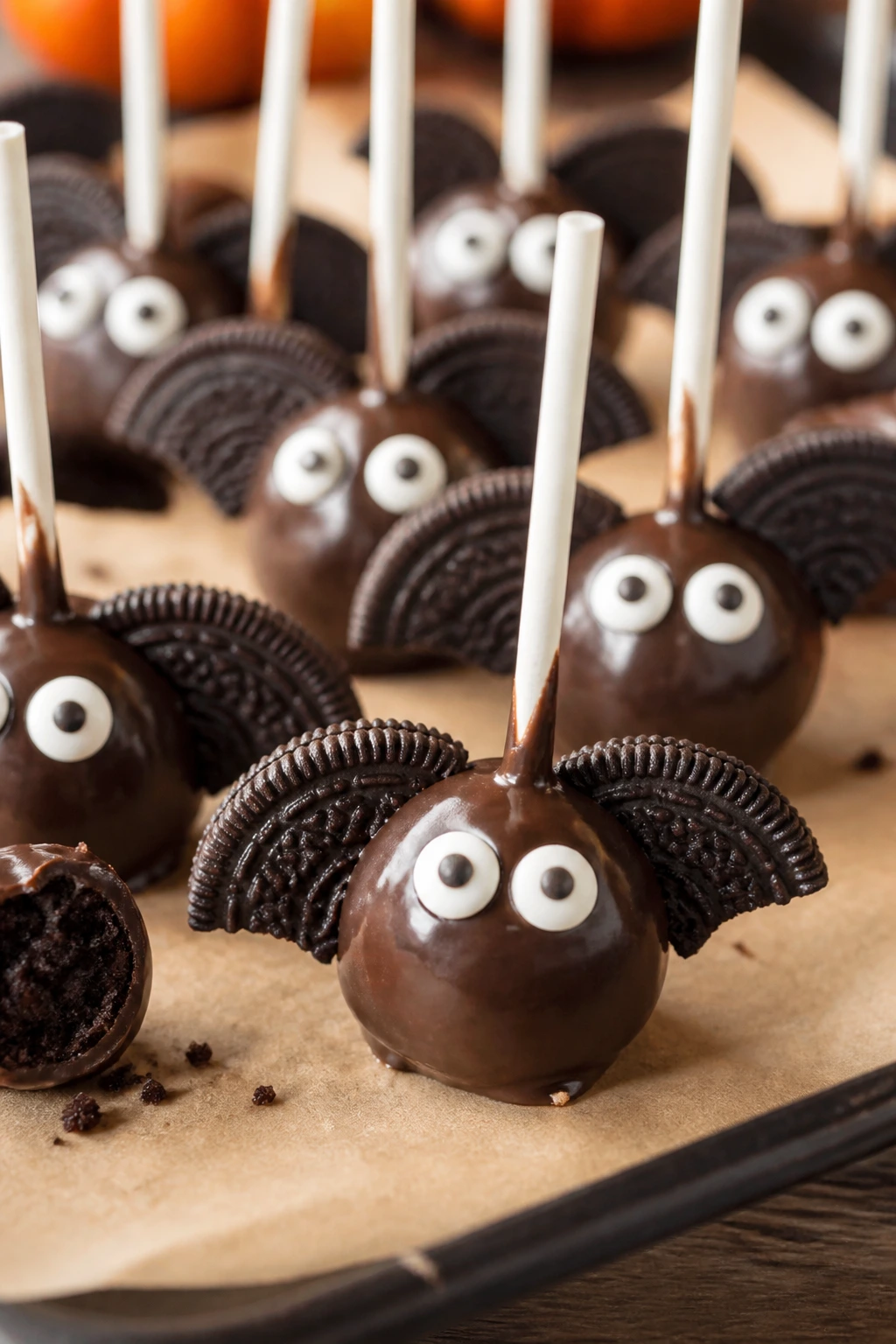 Close-up of brownie bite bat pops on parchment with Oreo wings