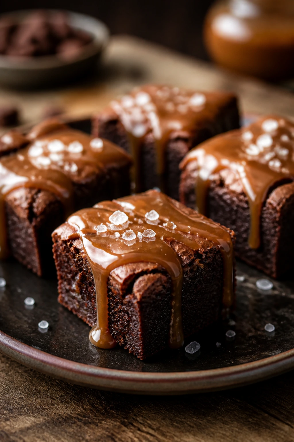 Close-up of salted caramel brownie bites with glossy caramel drizzle