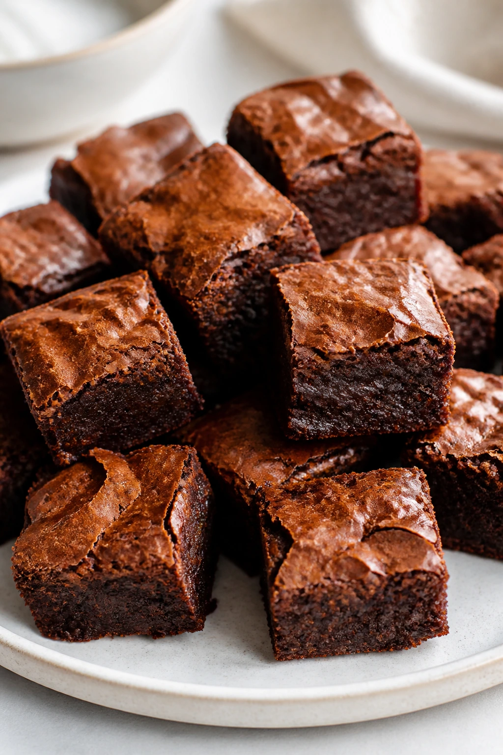 Close-up of fudgy brownie bites on a plate