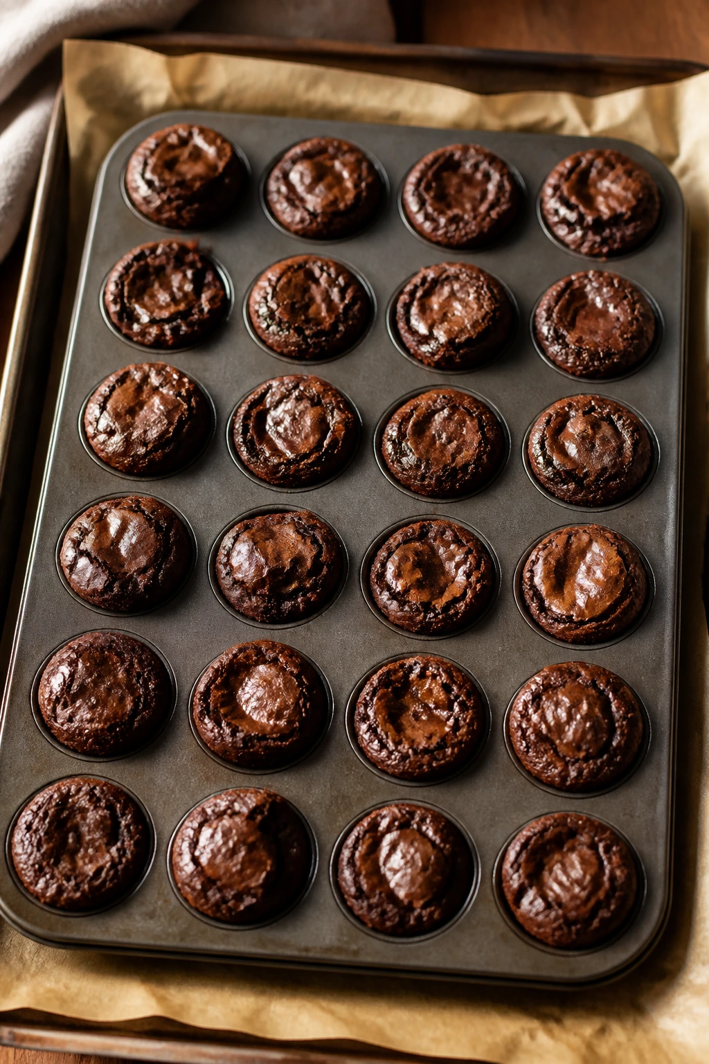 Close-up of fudgy brownie bites in a mini muffin tin on parchment