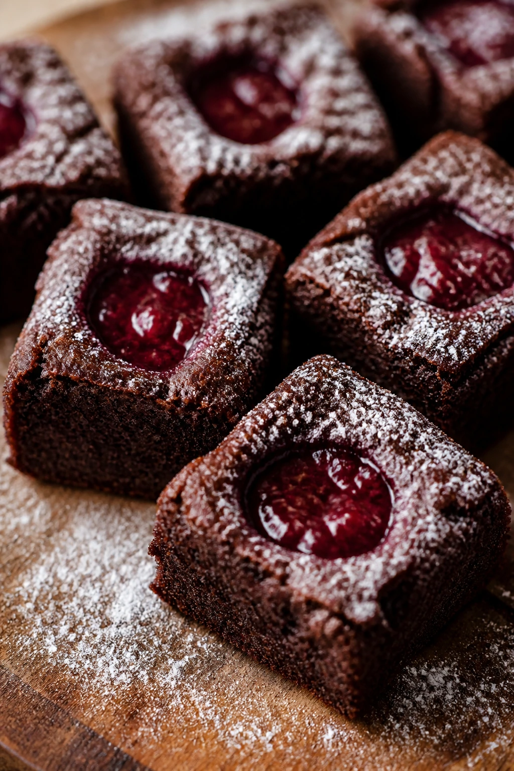 Close-up of fudgy brownie bites with raspberry jam center