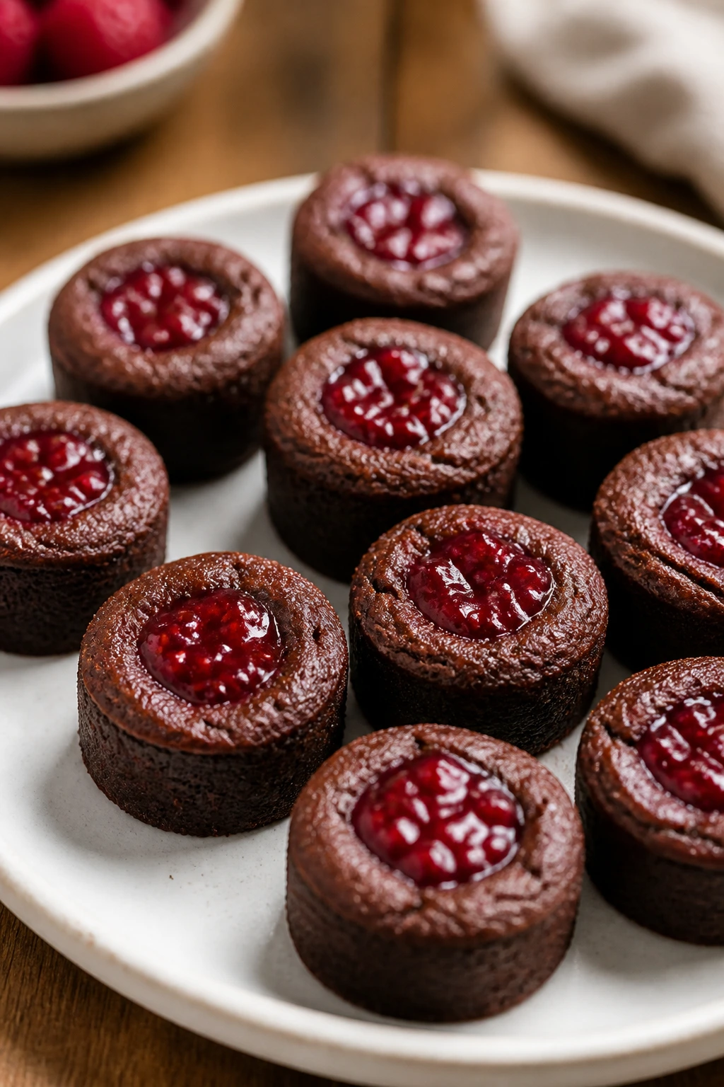 Raspberry brownie bites with jam on a plate in a kitchen.