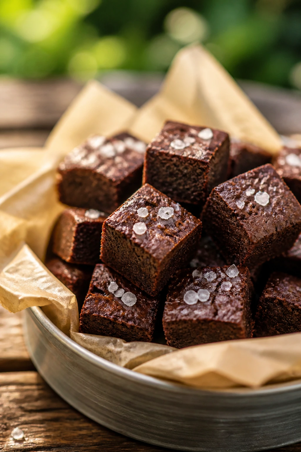 Close-up of salted brownie bites on a parchment-lined tin