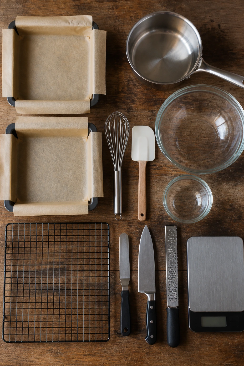 Close-up of essential brownie-making equipment arranged on a wooden counter
