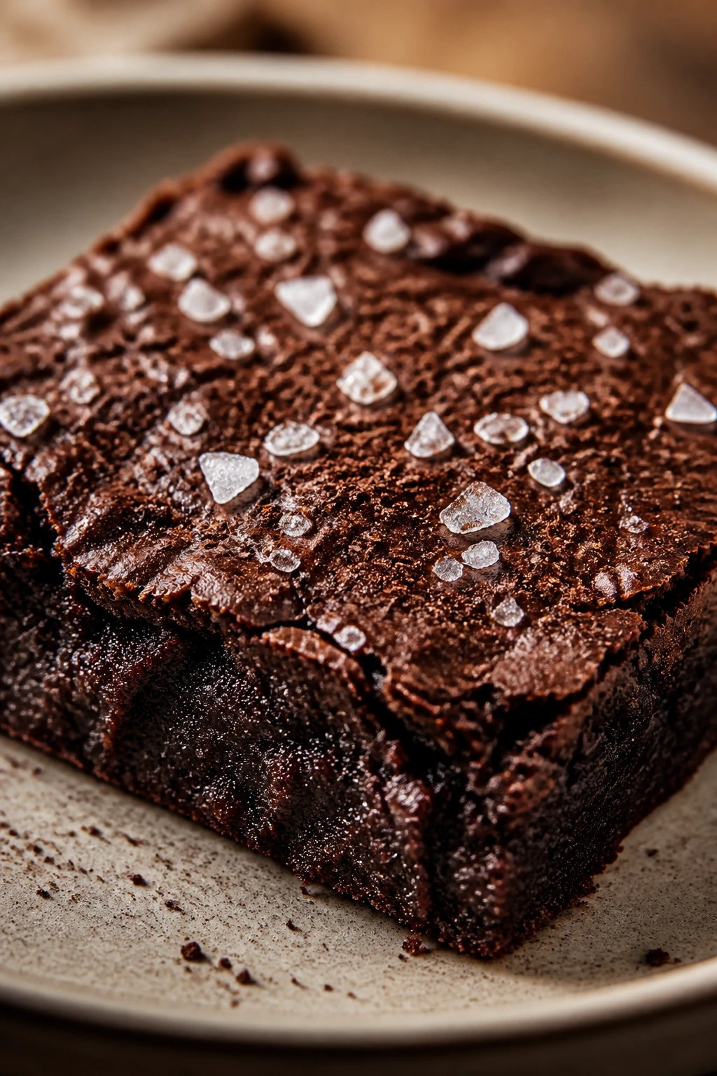 Brownie with flaky salt and espresso powder topping
