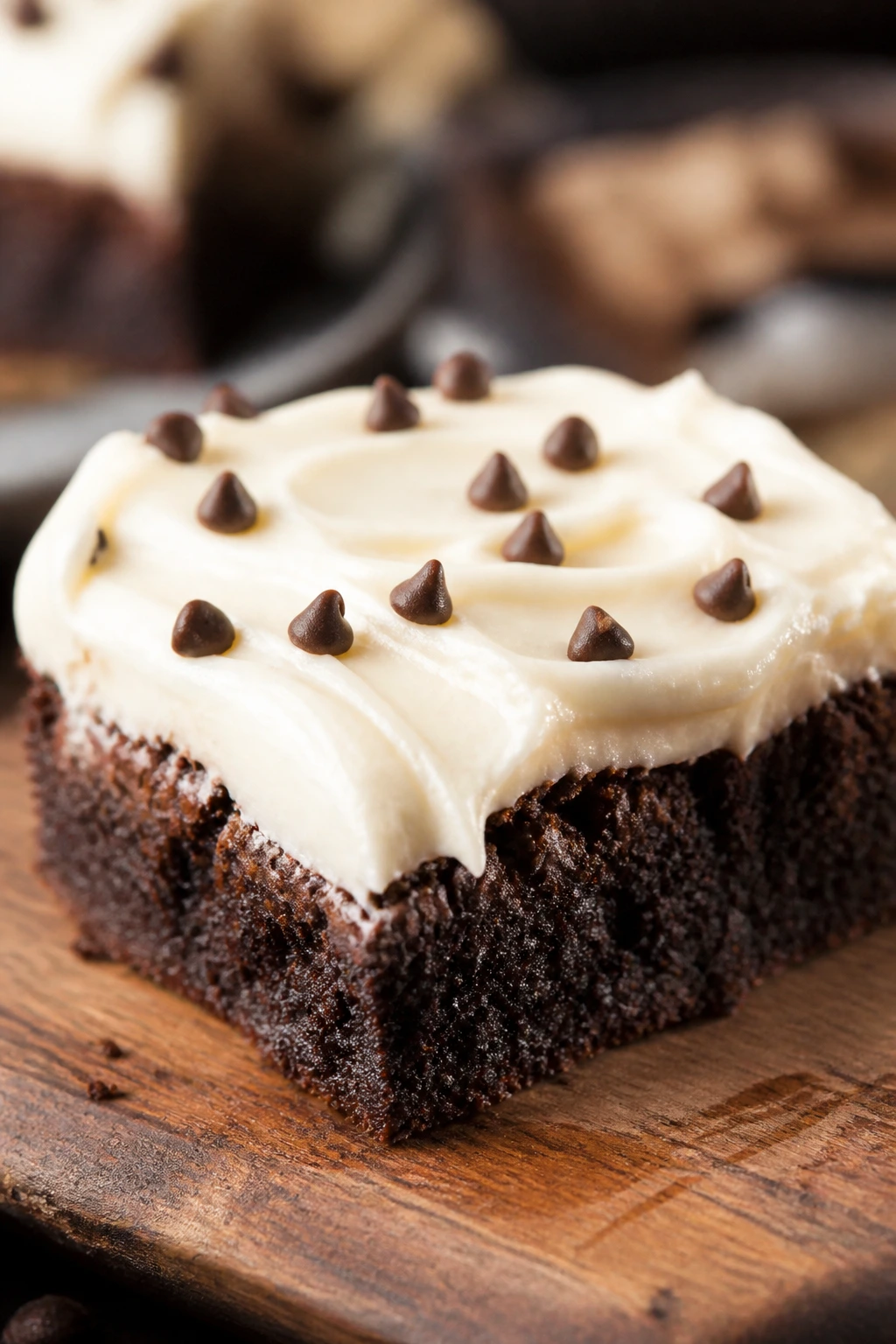 Fudgy brownie square with cream cheese frosting on a wood board