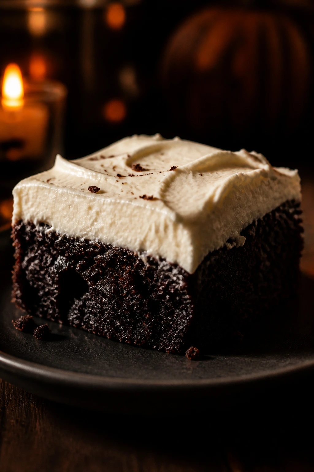 Close-up of a dark brownie square with cream cheese frosting on a plate