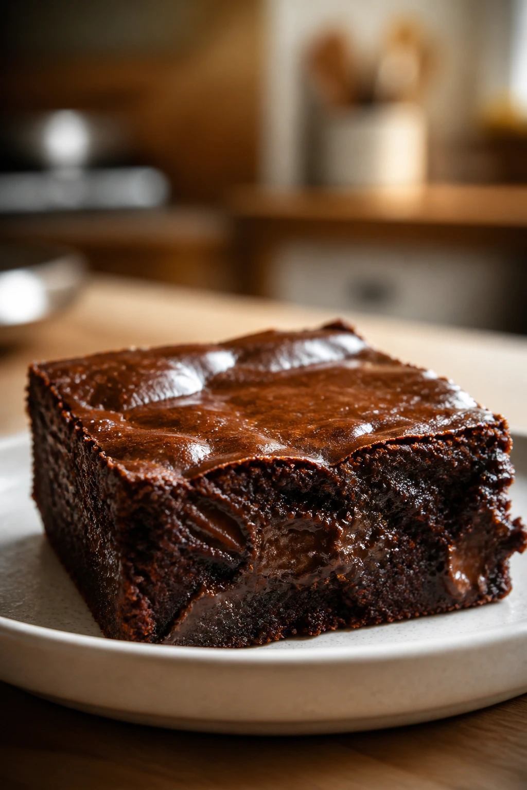 Glossy brownie square on a plate with warm kitchen background