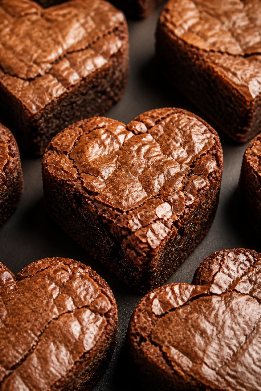 Fudgy brownie hearts with rich cocoa on a dark plate