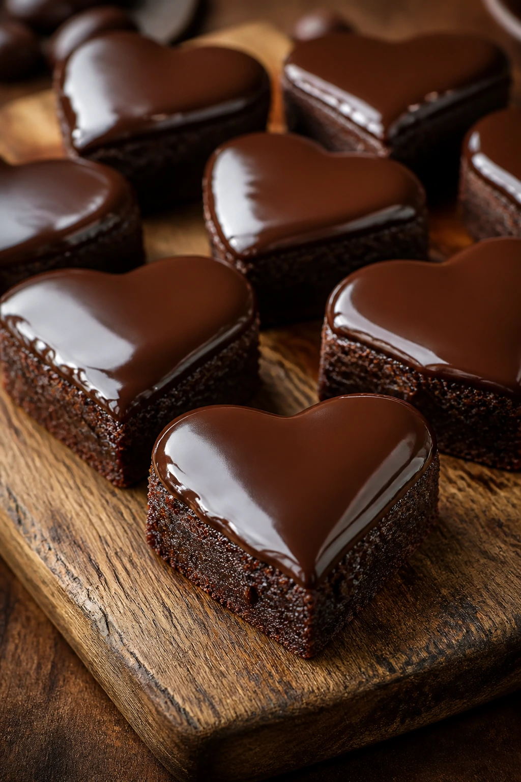 Close-up of brownie hearts with dark chocolate ganache on a wooden board