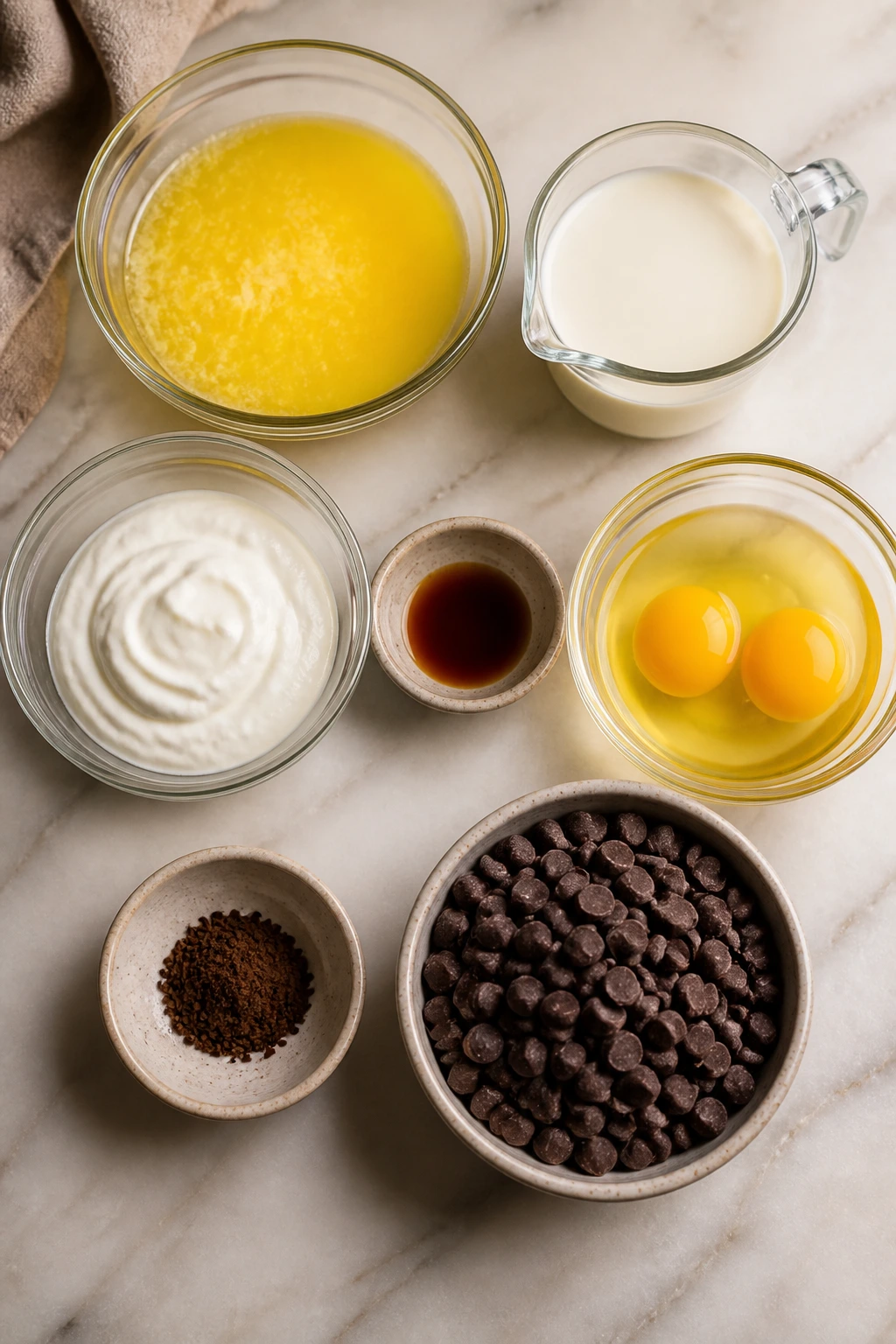 Top-down spread of brownie ingredients on a counter