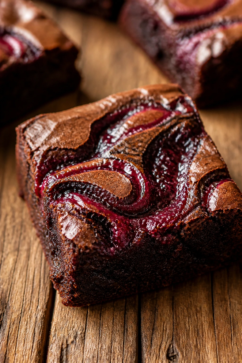 Brownie square with jam swirl on top on rustic surface