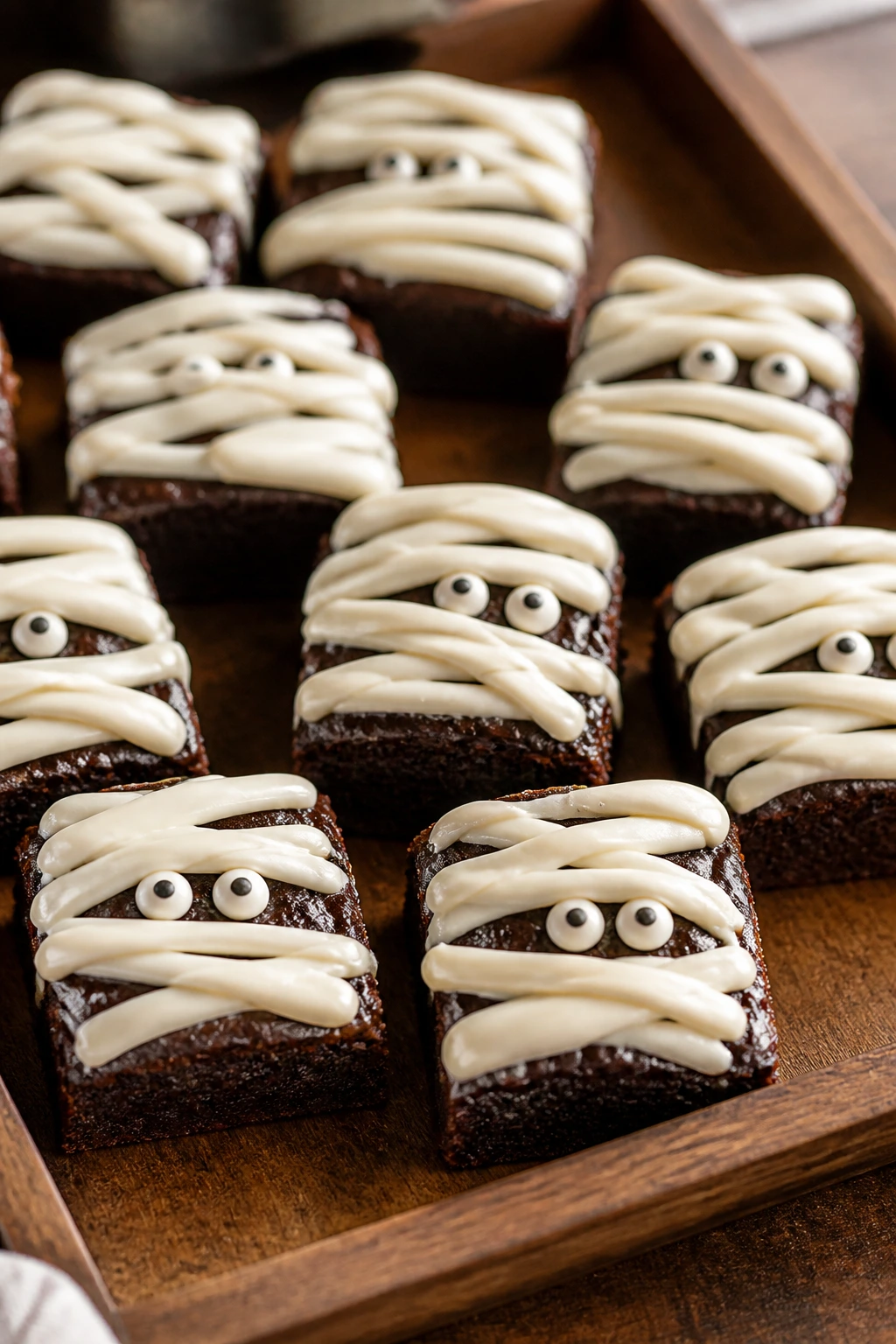 Close-up of brownie mummies with frosting bandages and candy eyes on a wooden tray