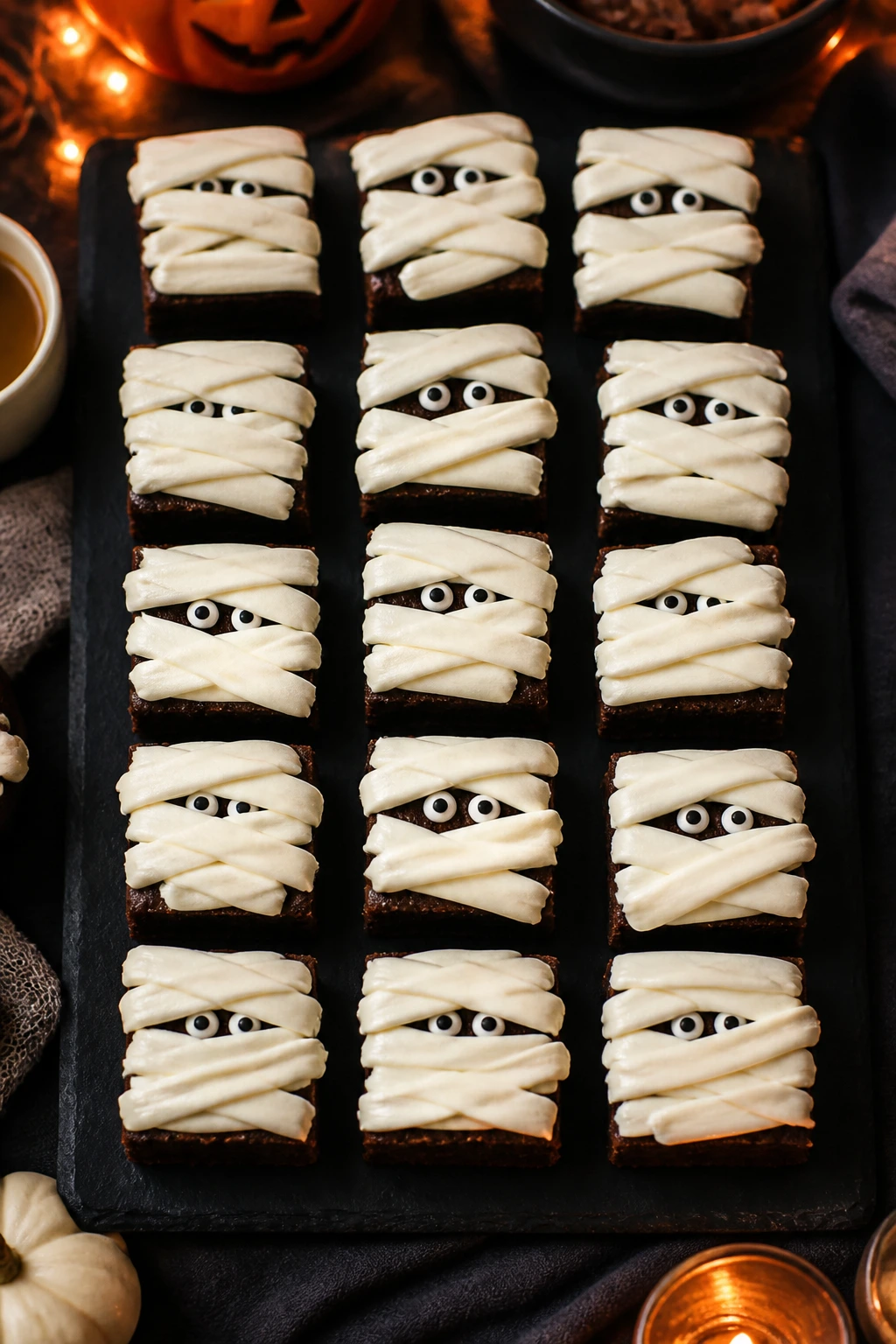 Brownie mummies on a dark platter ready for party serving