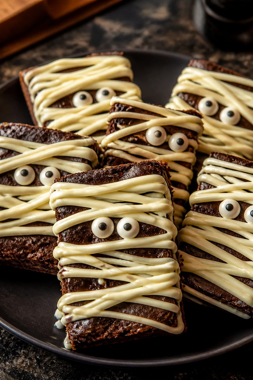 Close-up of brownie mummies with white chocolate bandages on a dark plate