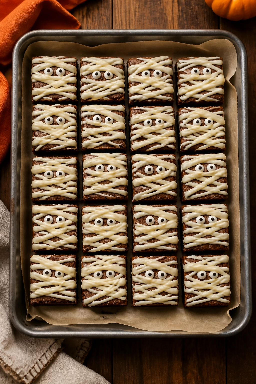 Overhead view of 24 mummy bars arranged on parchment-lined pan