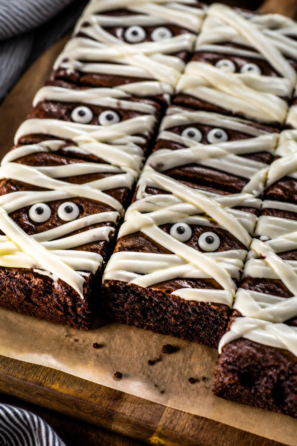 Close-up of a brownie with neat white chocolate bandages and candy eyes
