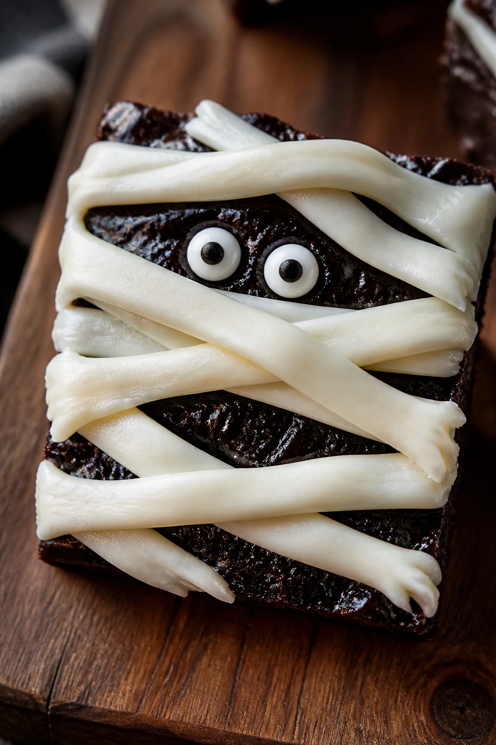 Close-up of Midnight Espresso Mummies brownie with frosting bandages and candy eyes on a wooden board