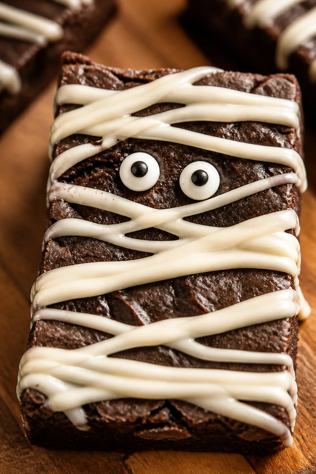 Close-up of a fudgy brownie mummy with white chocolate bandages and candy eyes on a wooden counter