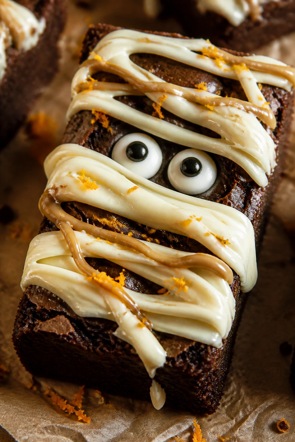 Brownie mummy with peanut butter and orange zest accents