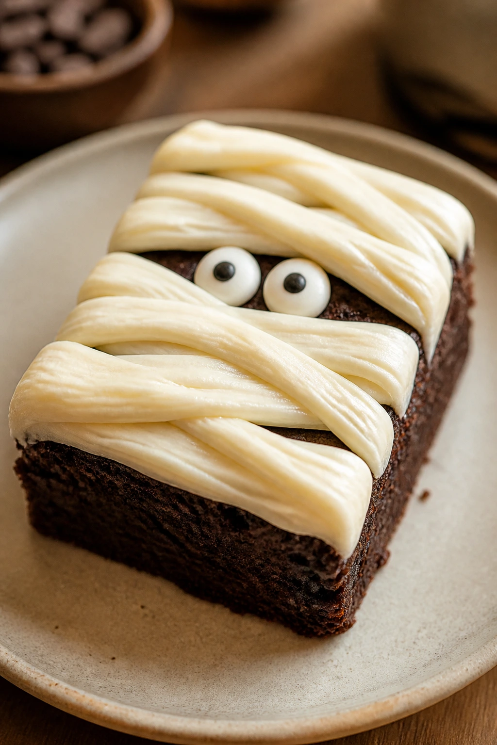 Close-up of a brownie mummy on a plate with frosting bandages and candy eyes